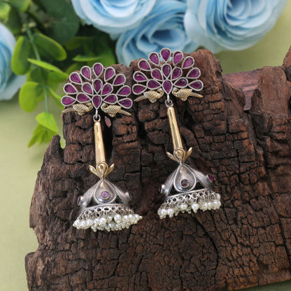 Rani Color Dual Tone Oxidised Earrings With Detailed Traditional Craft