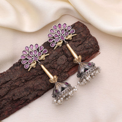Rani Color Dual Tone Oxidised Earrings With Detailed Traditional Craft