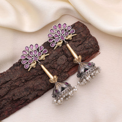 Rani Color Dual Tone Oxidised Earrings With Detailed Traditional Craft