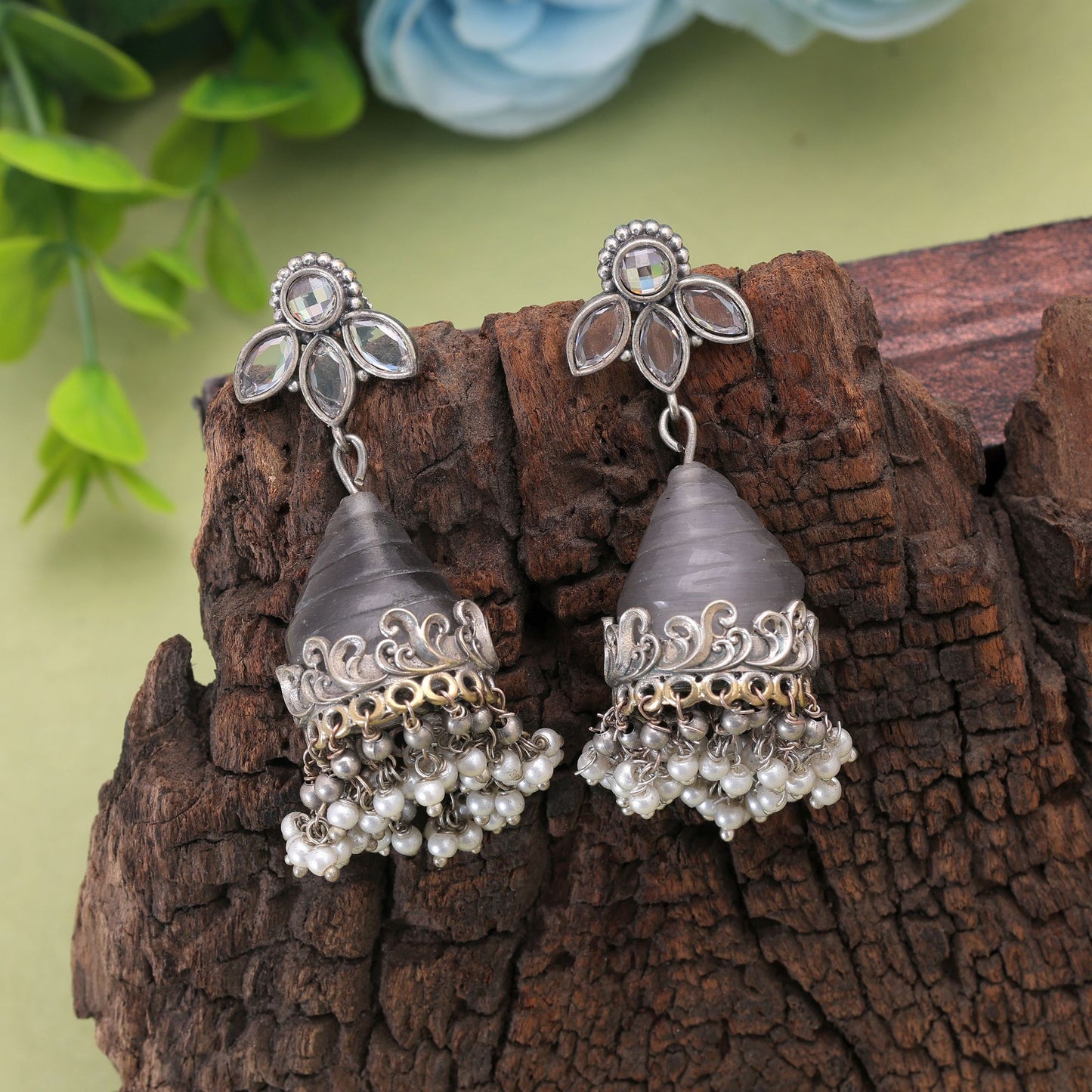 Grey Color Oxidised Earrings With Stylish Contemporary Ethnic Design