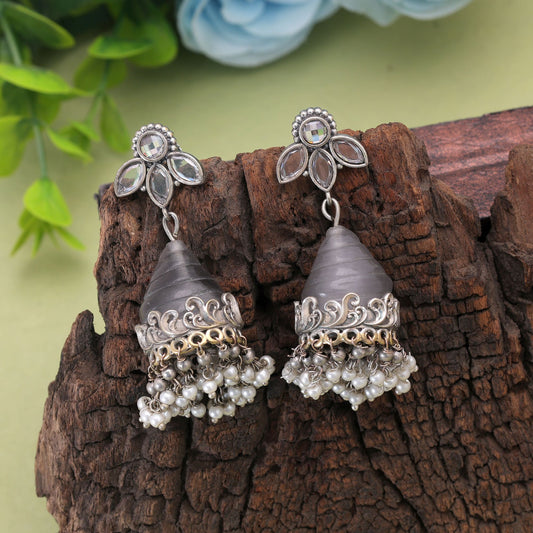 Grey Color Oxidised Earrings With Stylish Contemporary Ethnic Design
