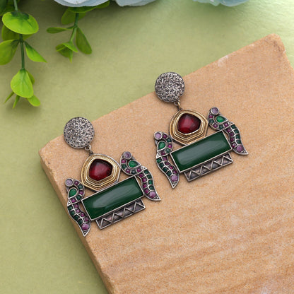Maroon & Green Color Dual Tone Oxidised Earrings With Festive Elegance