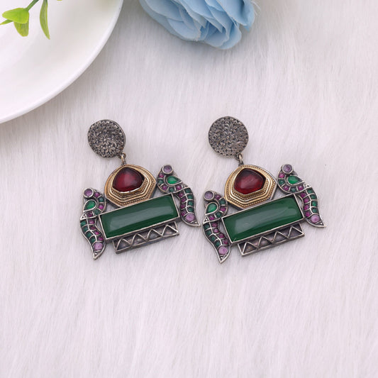 Maroon & Green Color Dual Tone Oxidised Earrings With Festive Elegance