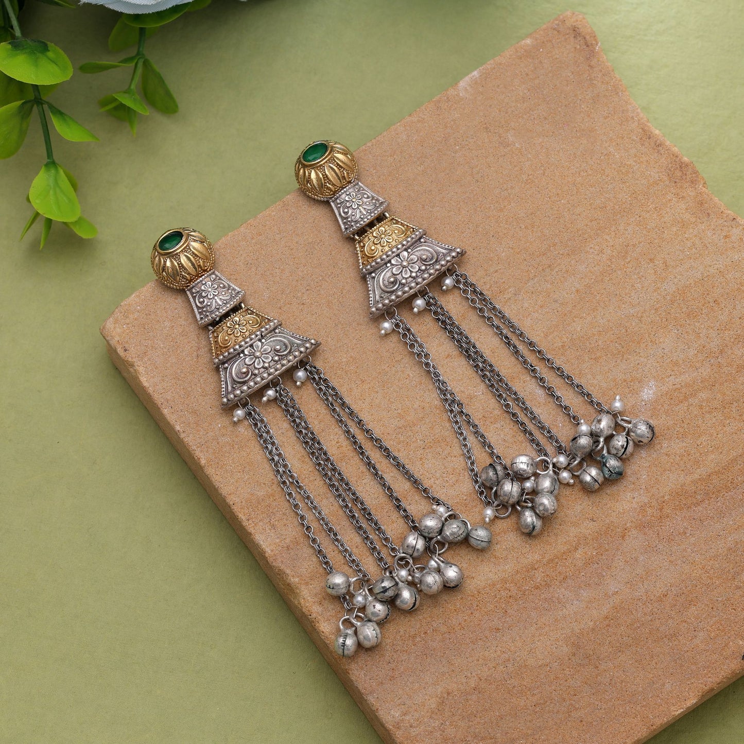 Green Color Dual Tone Oxidised Earrings For Trendy Ethnic Styling