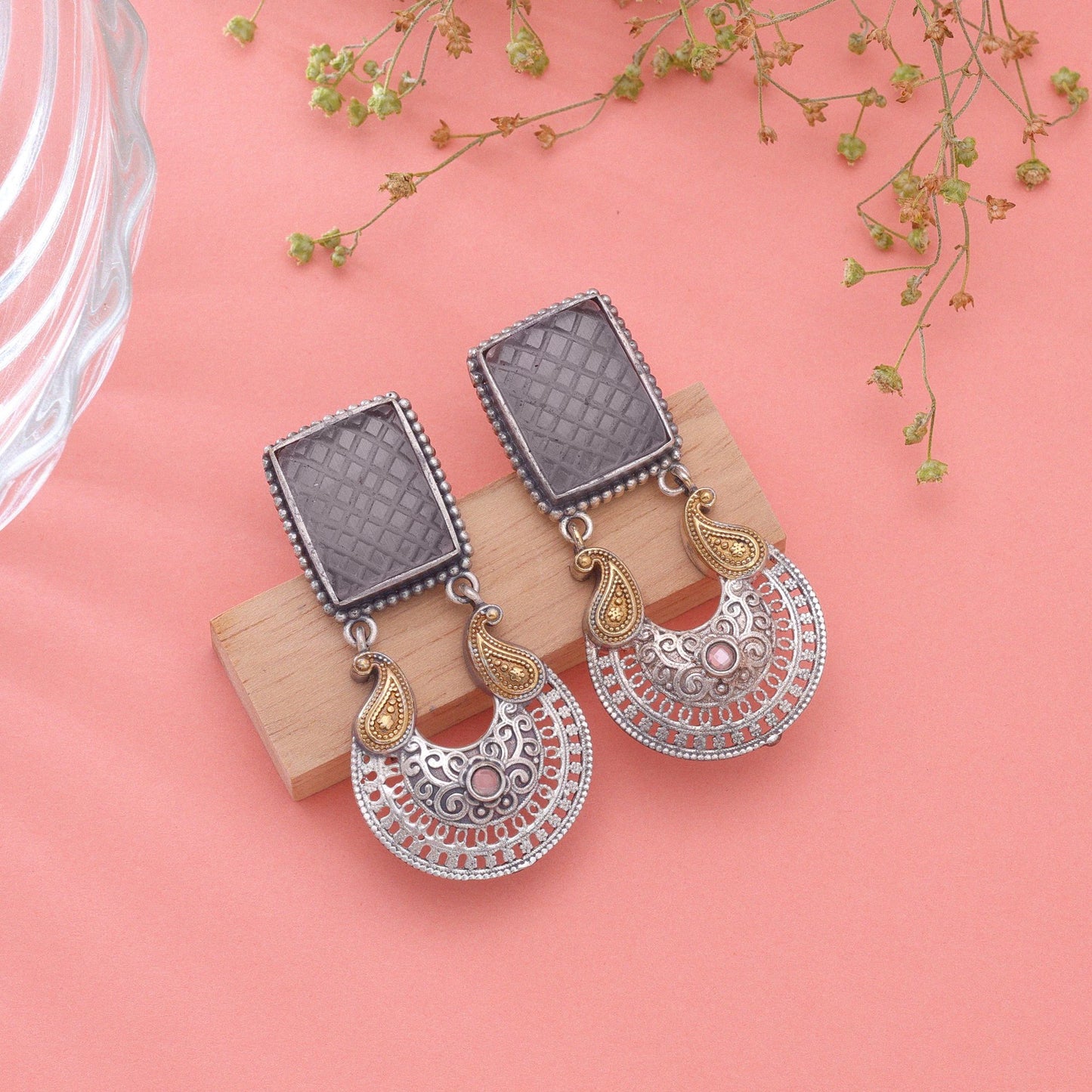 Grey Color Dual Tone Oxidised Earrings Featuring Stylish Ethnic Fashion Appeal