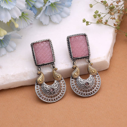 Light Pink Color Dual Tone Oxidised Earrings with Beautiful Designer Jewelry Finish