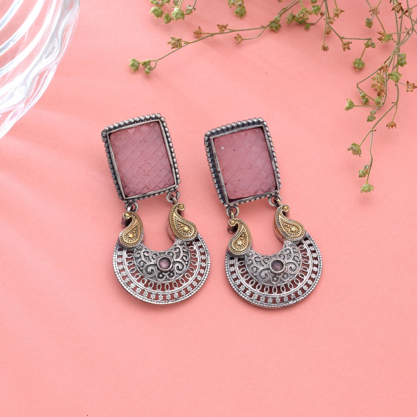 Light Pink Color Dual Tone Oxidised Earrings with Beautiful Designer Jewelry Finish