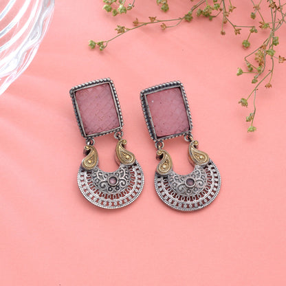Light Pink Color Dual Tone Oxidised Earrings with Beautiful Designer Jewelry Finish