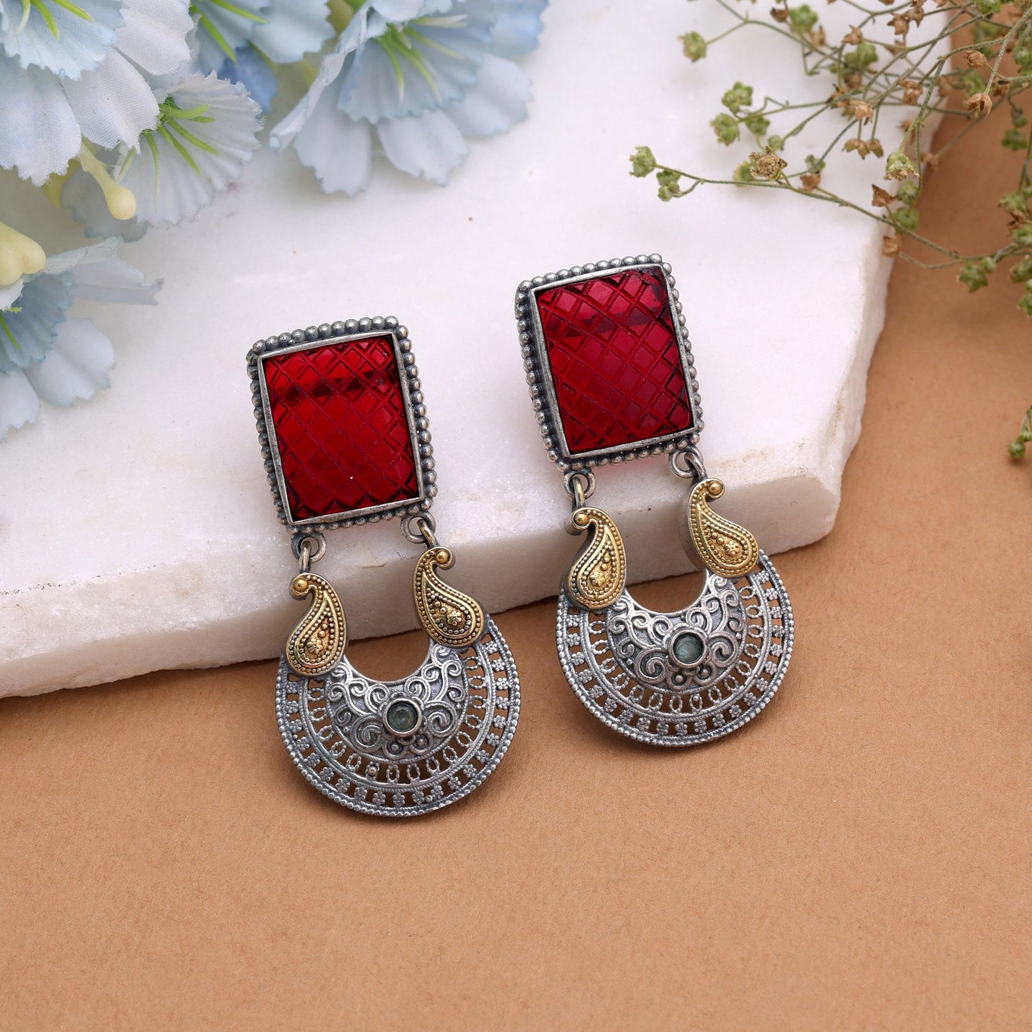 Red Color Dual Tone Oxidised Earrings with Elegant Traditional Jewelry Design