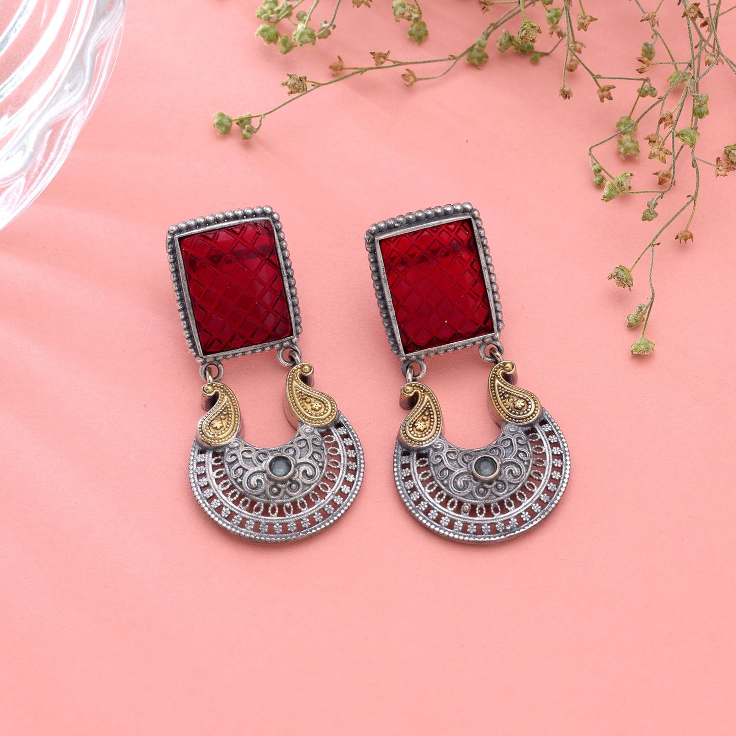 Red Color Dual Tone Oxidised Earrings with Elegant Traditional Jewelry Design