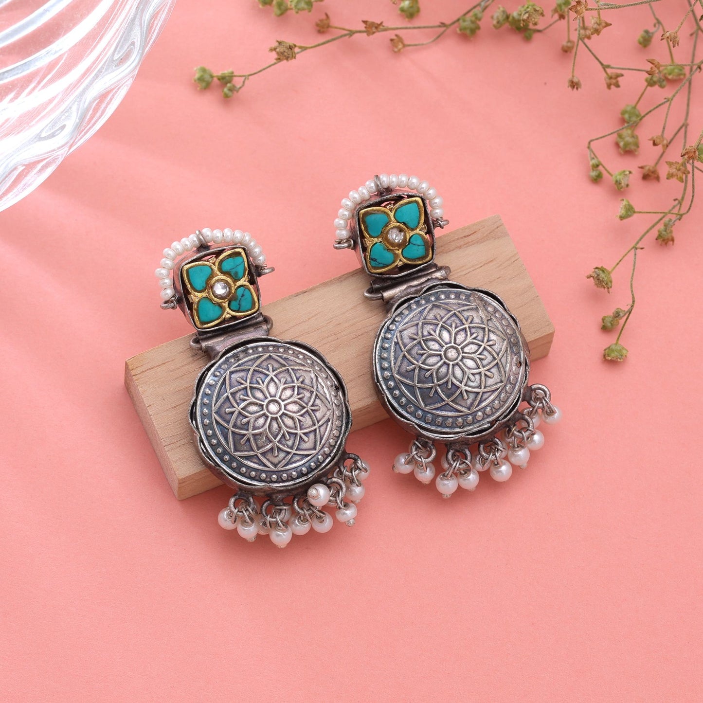 Turquoise Color Dual Tone Oxidised Earrings Crafted for Elegant Party Wear Style