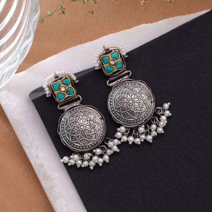 Turquoise Color Dual Tone Oxidised Earrings Crafted for Elegant Party Wear Style