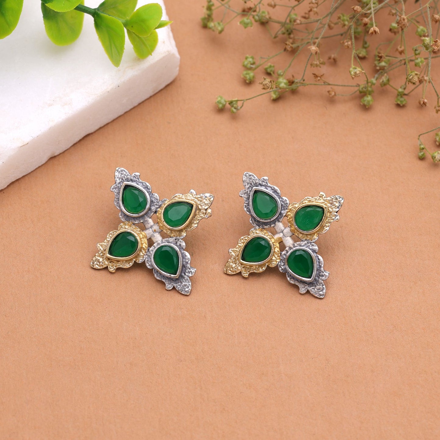 Green Color Dual Tone Oxidised Earrings Crafted with Premium Traditional Design