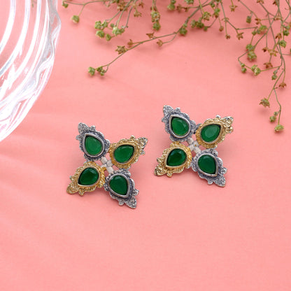 Green Color Dual Tone Oxidised Earrings Crafted with Premium Traditional Design