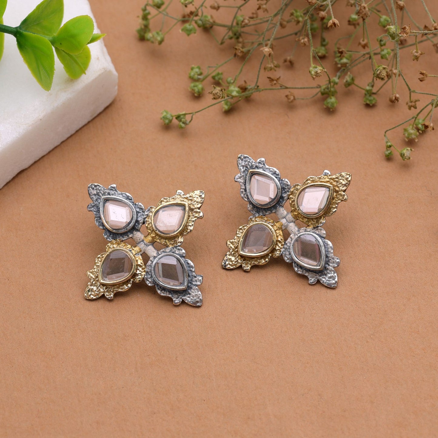 White Color Dual Tone Oxidised Earrings with Elegant Traditional Fashion Finish