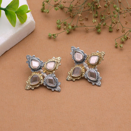 White Color Dual Tone Oxidised Earrings with Elegant Traditional Fashion Finish