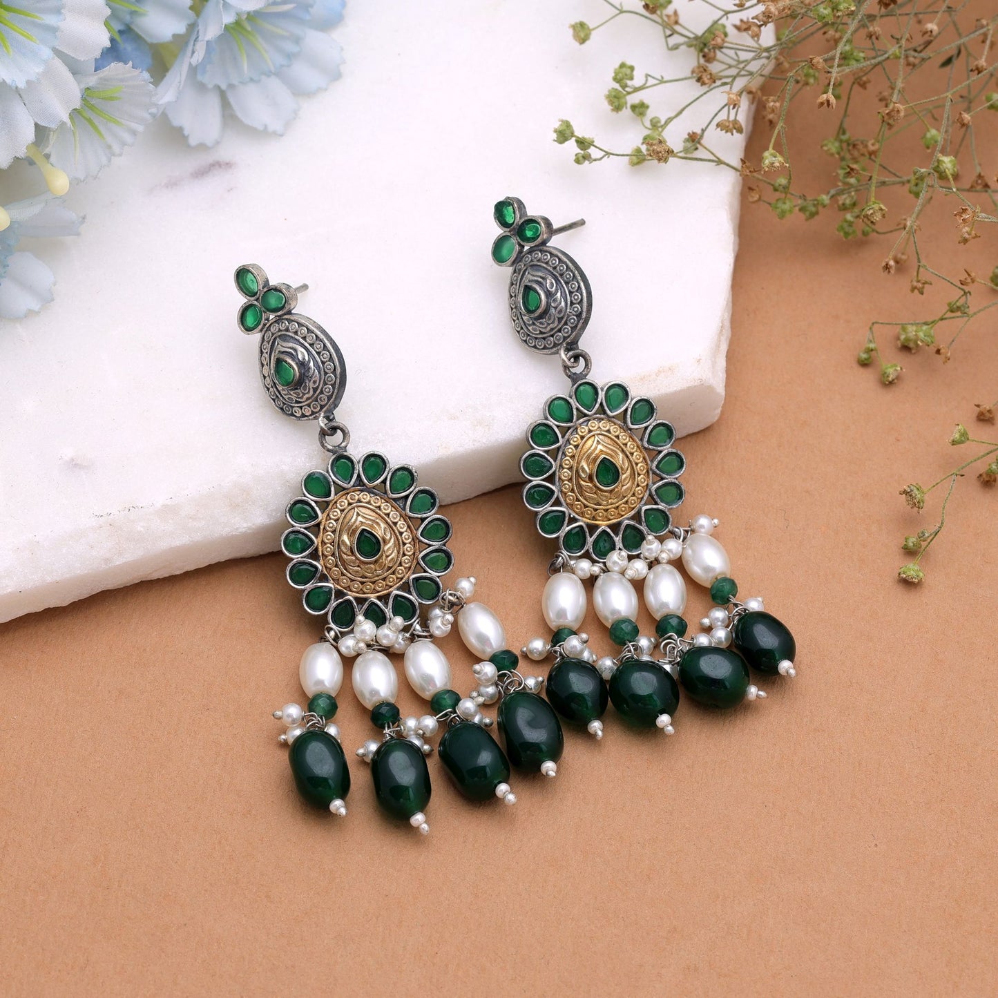 Green Color Dual Tone Oxidised Earrings with Elegant Festive Jewelry Appeal
