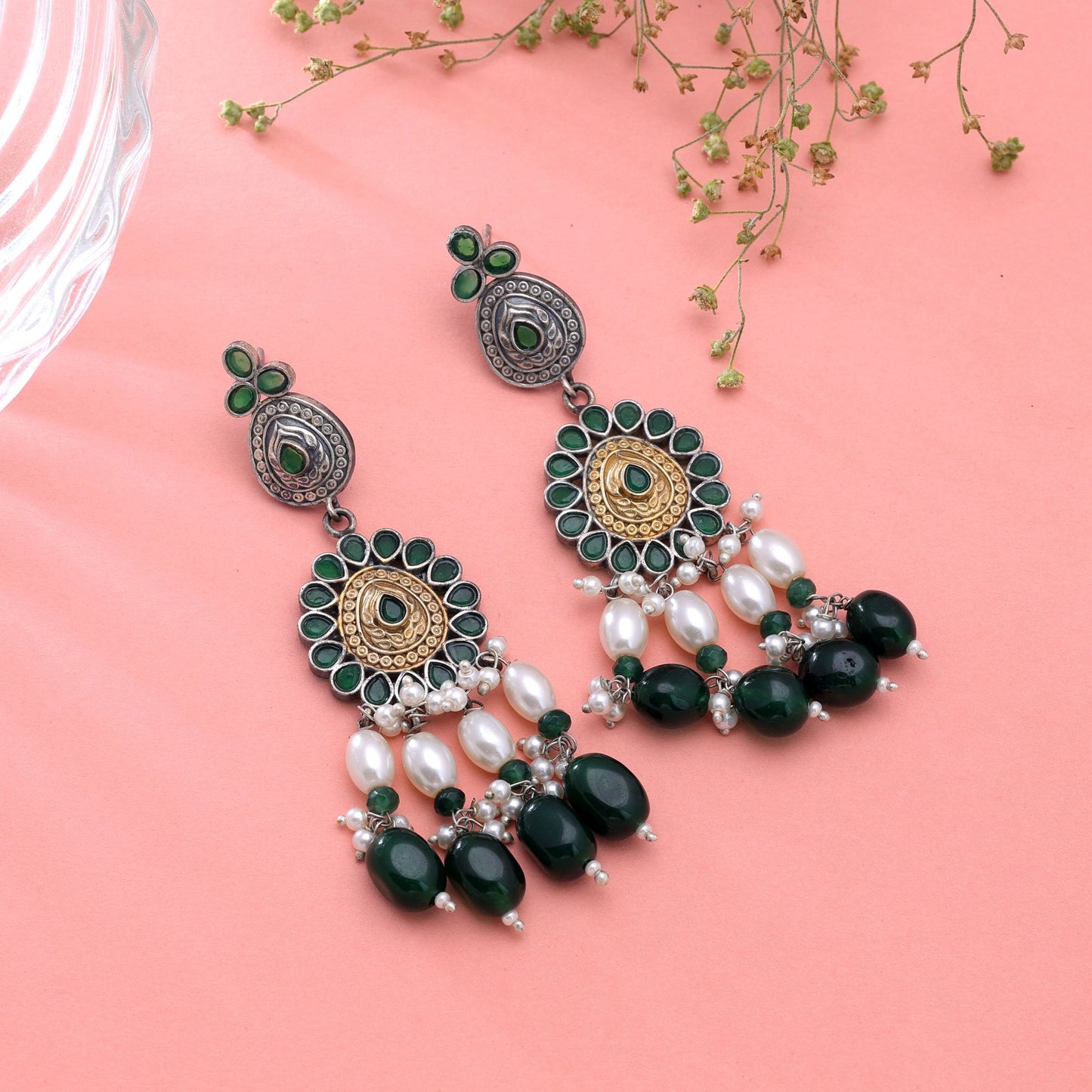 Green Color Dual Tone Oxidised Earrings with Elegant Festive Jewelry Appeal