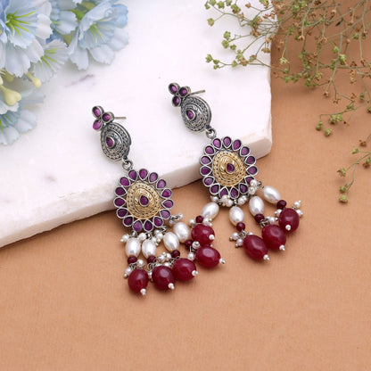 Maroon Color Dual Tone Oxidised Earrings Featuring Graceful Handmade Fashion Style