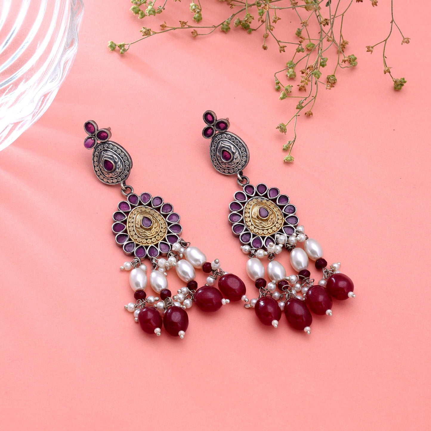 Maroon Color Dual Tone Oxidised Earrings Featuring Graceful Handmade Fashion Style