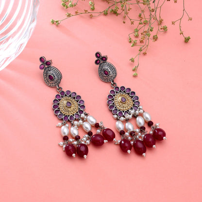 Maroon Color Dual Tone Oxidised Earrings Featuring Graceful Handmade Fashion Style