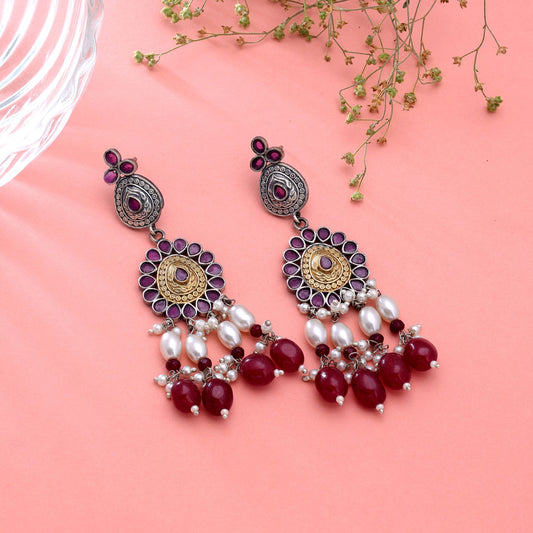 Maroon Color Dual Tone Oxidised Earrings Featuring Graceful Handmade Fashion Style