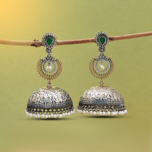 Green Color Dual Tone Oxidised Earrings With Graceful Traditional Appeal