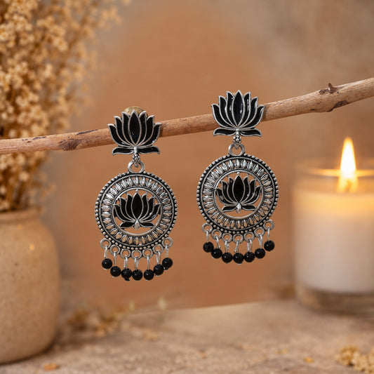 Black Color Lotus design Oxidised German Silver Statement Earrings