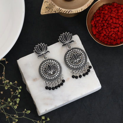 Black Color Lotus design Oxidised German Silver Statement Earrings
