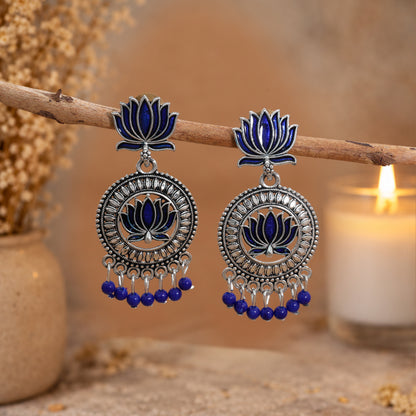 Blue Color Lotus design Oxidised German Silver Drop Earrings