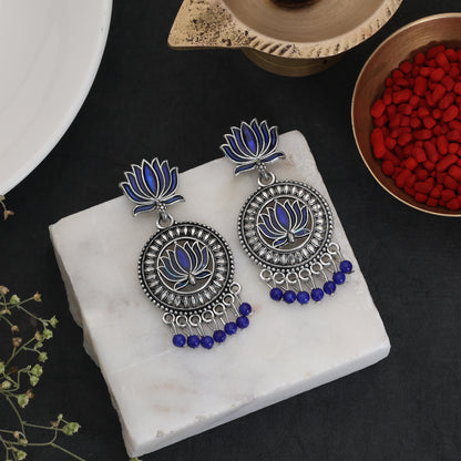 Blue Color Lotus design Oxidised German Silver Drop Earrings