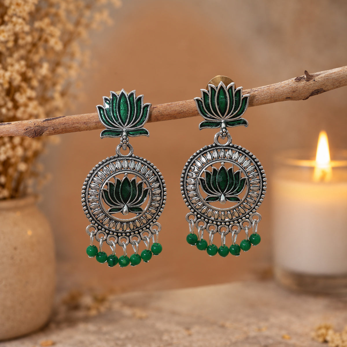 Green Color Lotus design Oxidised German Silver Motif Jhumka