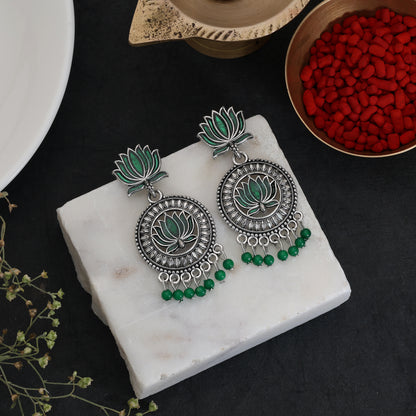 Green Color Lotus design Oxidised German Silver Motif Jhumka
