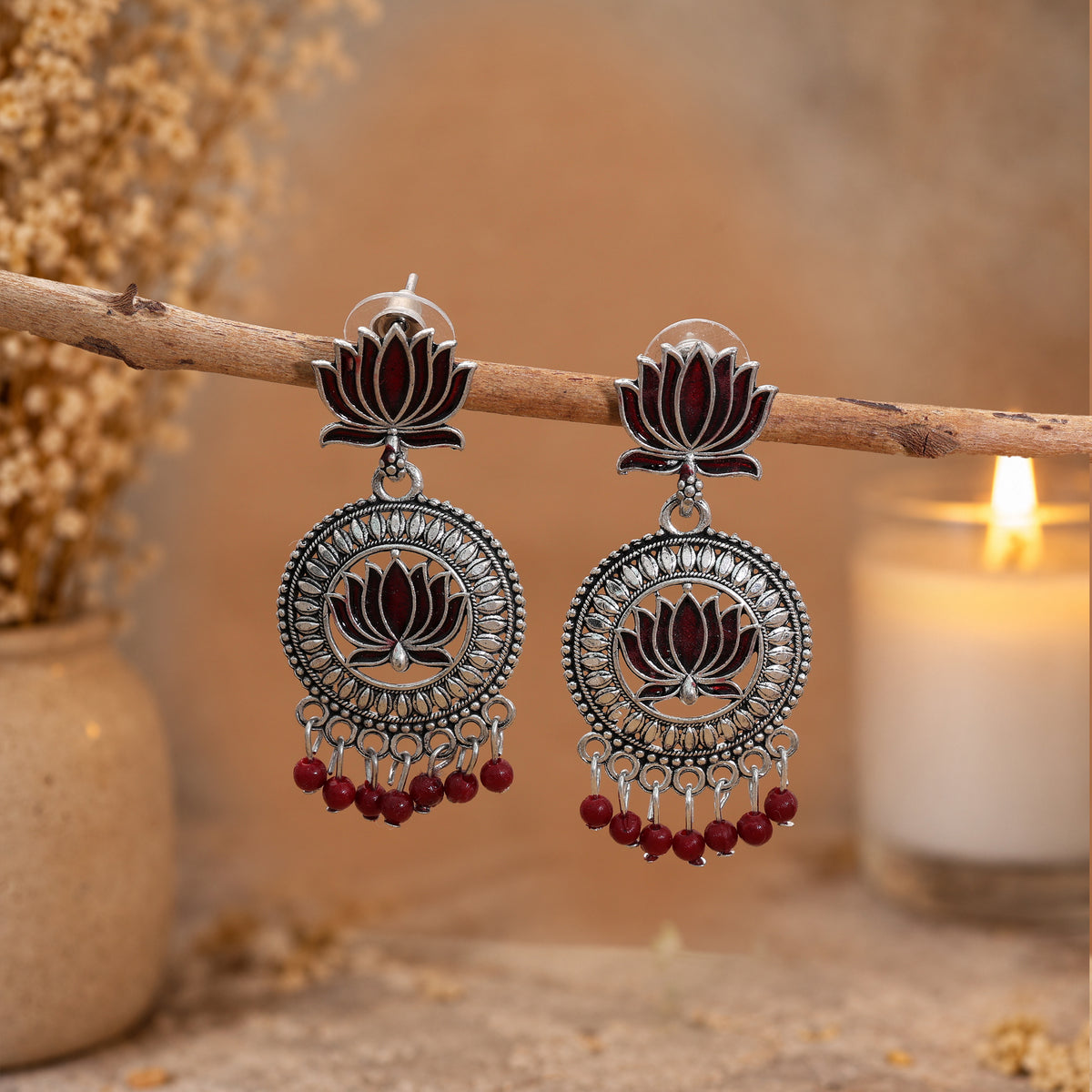 Maroon Color Lotus design Oxidised German Silver Statement Earrings