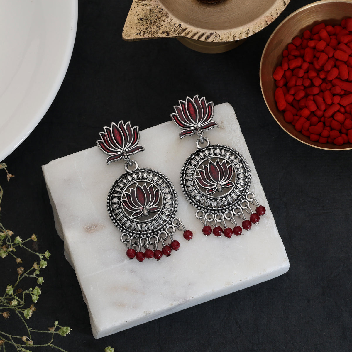 Maroon Color Lotus design Oxidised German Silver Statement Earrings
