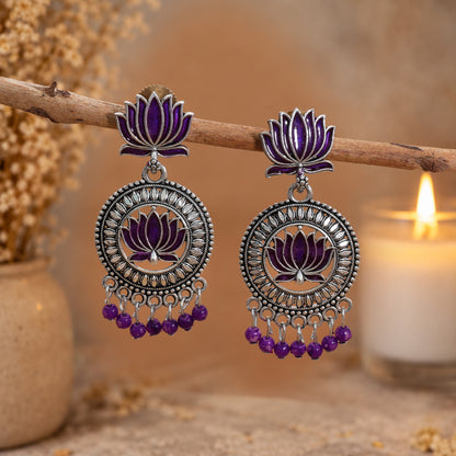 Purple Color Lotus design Oxidised German Silver Dangle Earrings