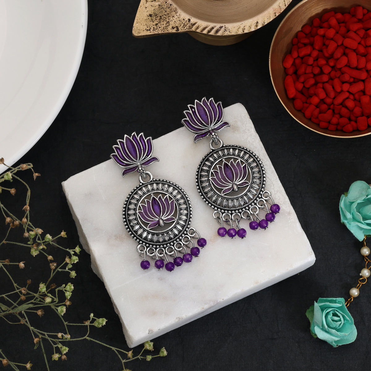 Purple Color Lotus design Oxidised German Silver Dangle Earrings