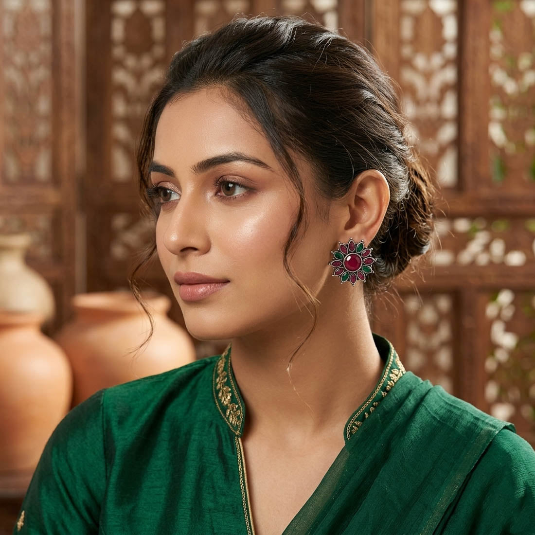 Rani Green Color Oxidised German Silver Drop Earrings