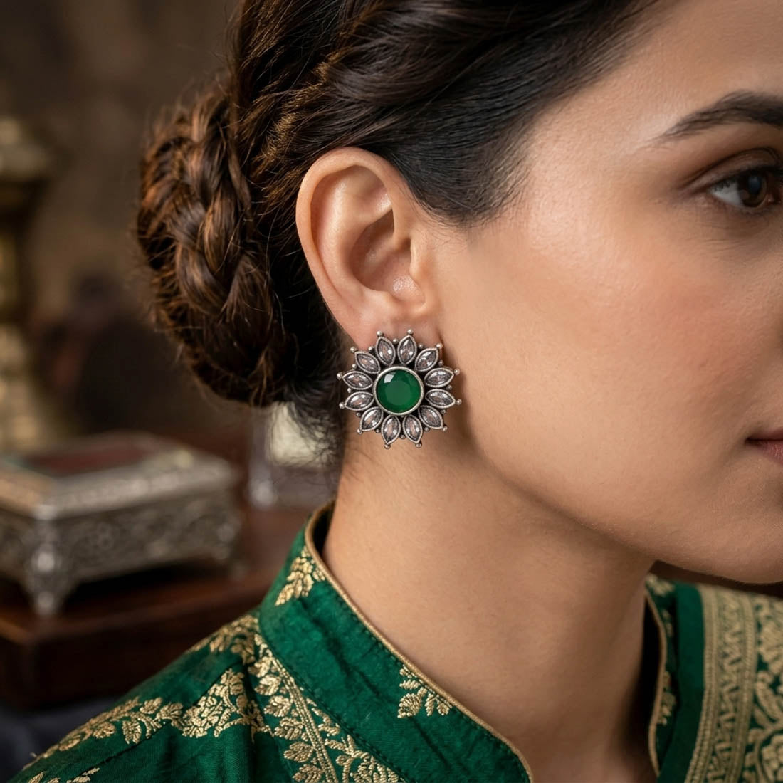 Green Color Oxidised German Silver Emerald Jhumka