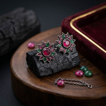 Rani Green Color Oxidised German Silver Drop Earrings