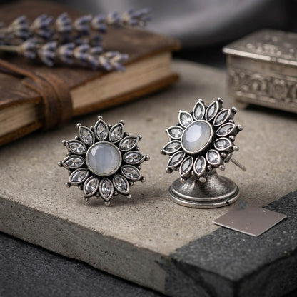 White Color Oxidised German Silver Pearl Drop Earrings
