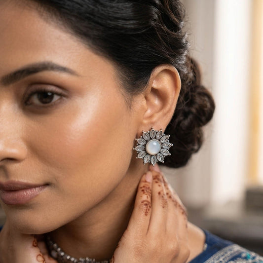 White Color Oxidised German Silver Pearl Drop Earrings