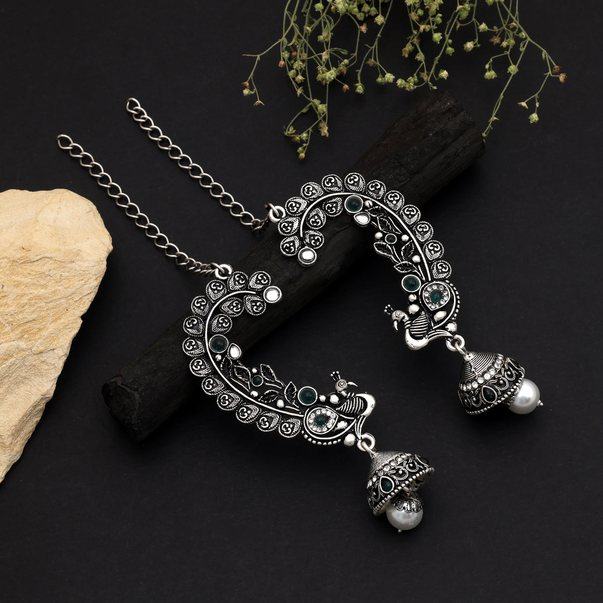 Green Color Oxidised Earrings Cuff German Silver Floral Ear Cuff