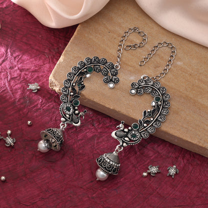 Green Color Oxidised Earrings Cuff German Silver Floral Ear Cuff