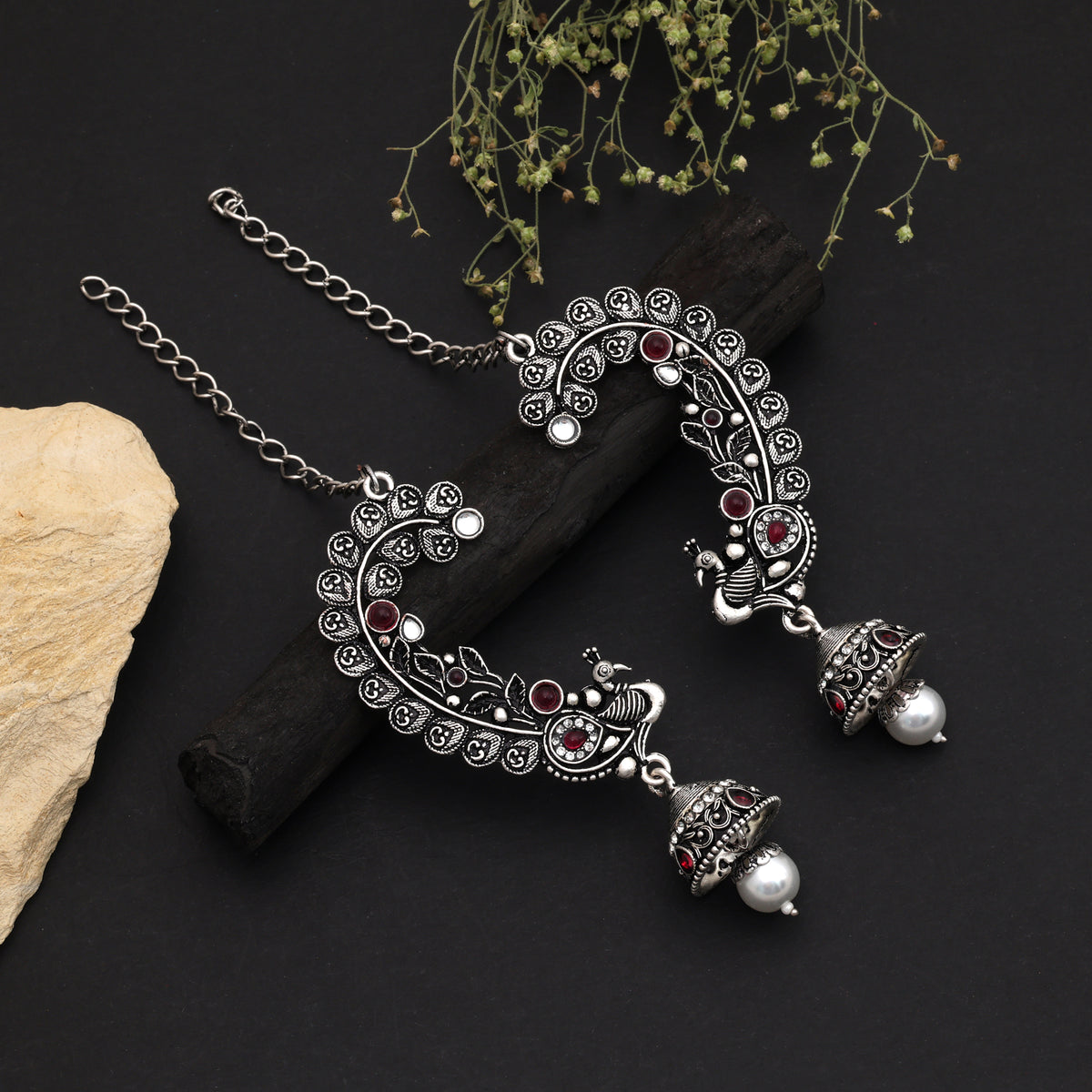 Pink Color Oxidised Earrings Cuff German Silver Tribal Ear Cuff