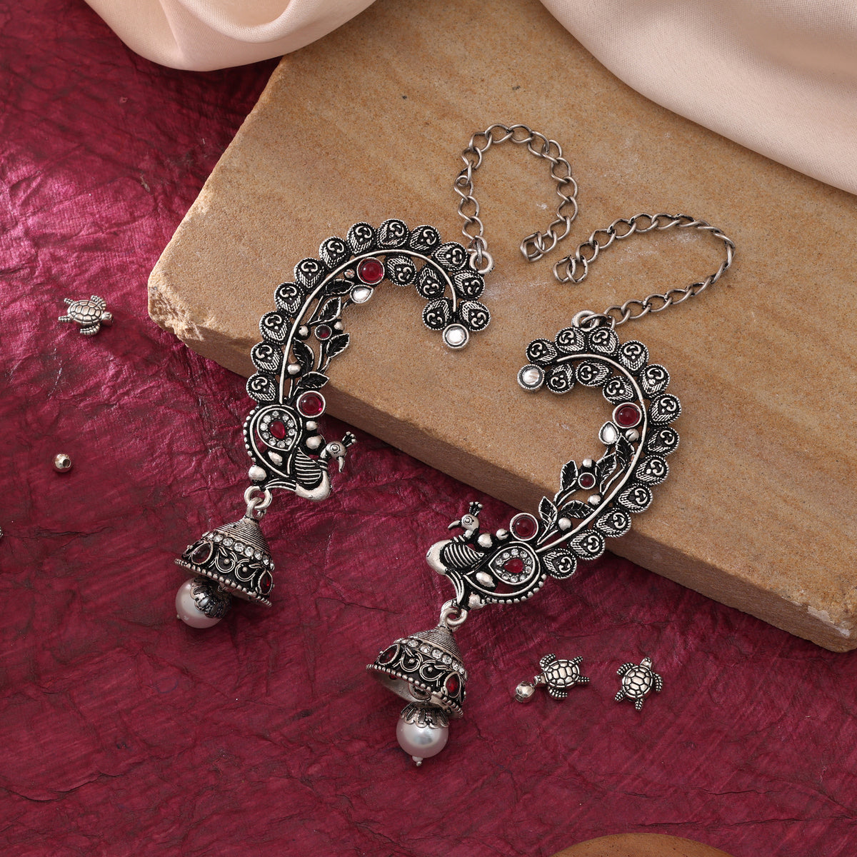 Pink Color Oxidised Earrings Cuff German Silver Tribal Ear Cuff