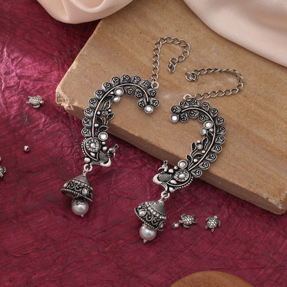 White Color Oxidised Earrings Cuff German Silver Pearl Ear Wrap