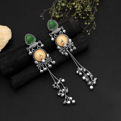Green Color Oxidised Kashmiri German Silver Pearl Drop Earrings