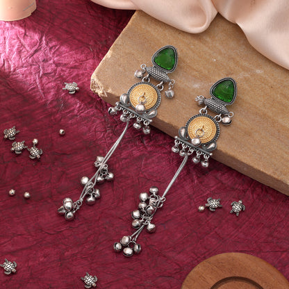 Green Color Oxidised Kashmiri German Silver Pearl Drop Earrings