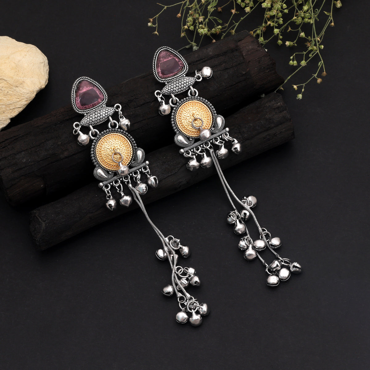 Light Pink Color Oxidised Kashmiri German Silver Mirror Work Earrings
